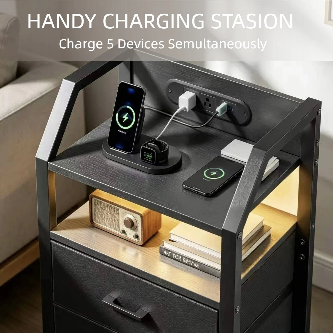 Frodrovia Nightstand With LED Light Charging Station And Drawers
