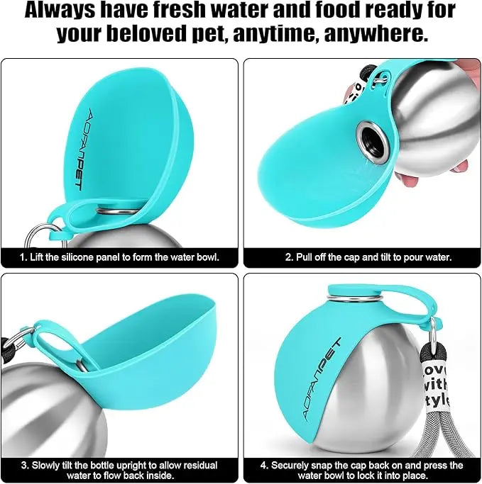 Portable Dog Water Bottle Stainless Steel Travel Cat Water Dispenser with Bowl No-Spill Puppy Water Bottle for Walking Hiking