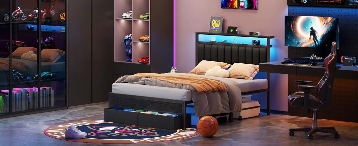 Queen Bed Frame with Charging Station and LED Lights, Grey Upholstered Headboard with Shelves, Metal Platform Bed with 2 Under-Bed Storage (Fabric Drawer on Wheels), No Box Spring Needed