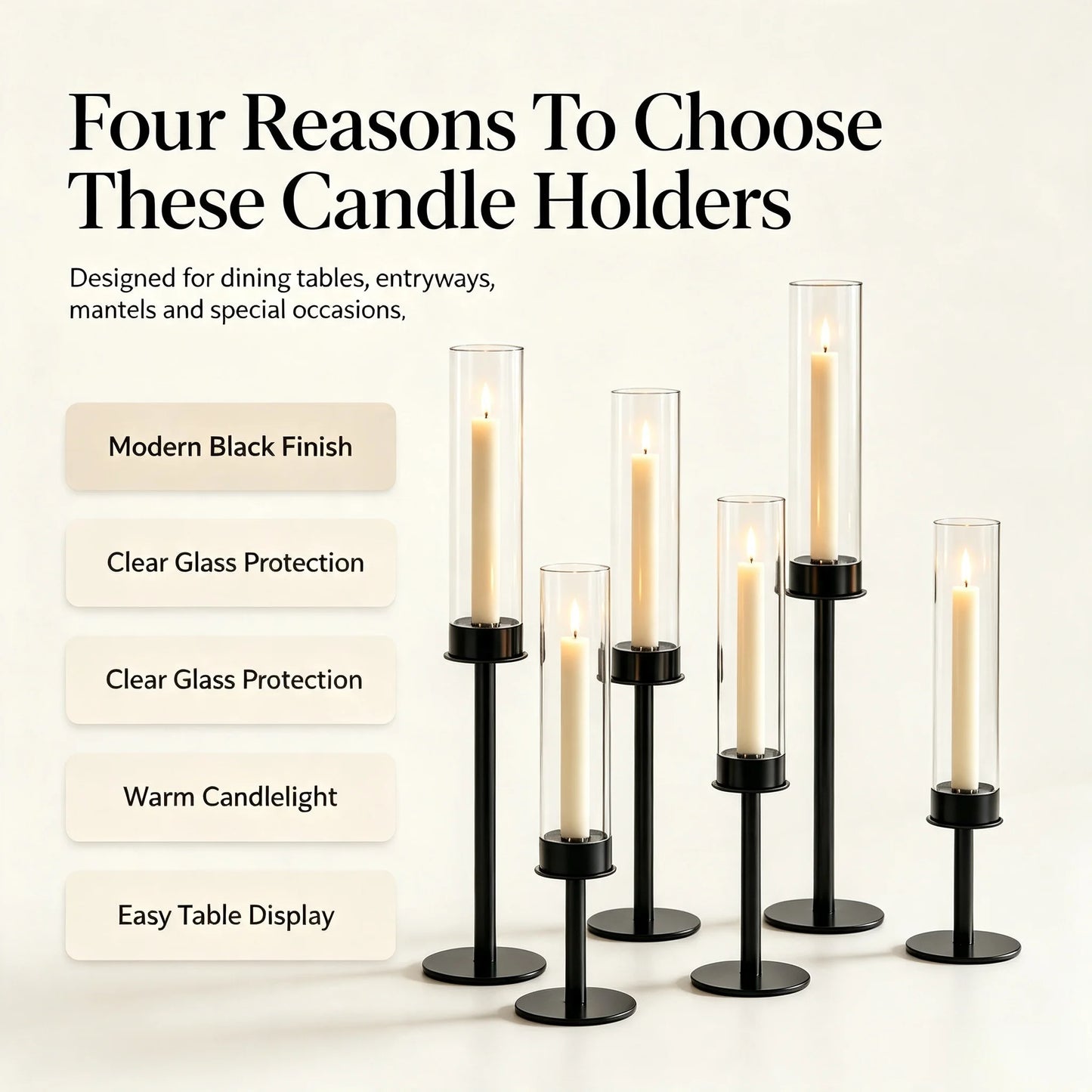 3pcs Black Minimalist Hurricane Candle Holder Set with Stable Base Modern Table Ornament for Dining Table Wedding Indoor Decorat