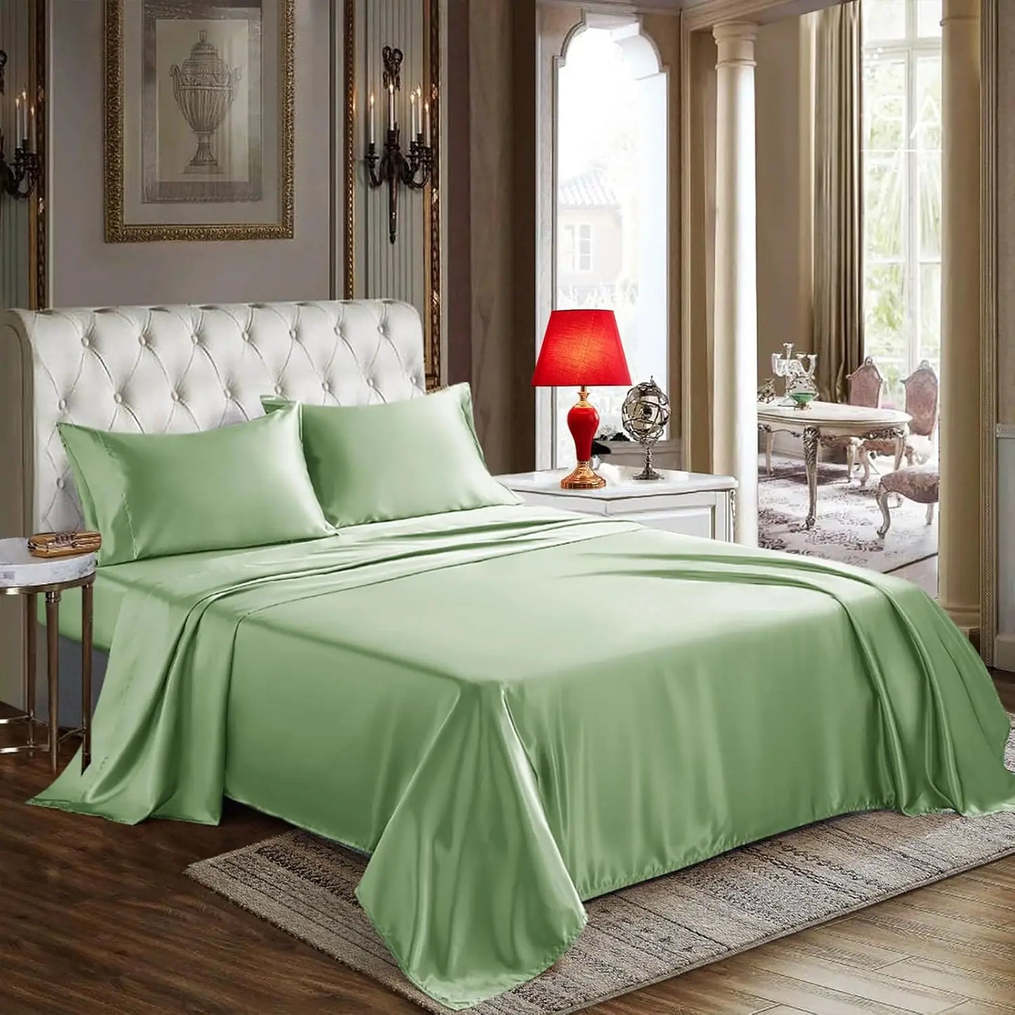 Satin Sheets Queen Size 4 Piece Bed Sheet Set with Silky Deep Pocket Fitted Sheet Flat Sheet and 2 Pillowcases