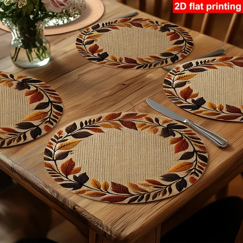4/6/10pcs Placemat Round 2D Flat Autumn Leaf Wreath Print Table Mat Retro Fall Color Heat Insulation Dining Decor Pad