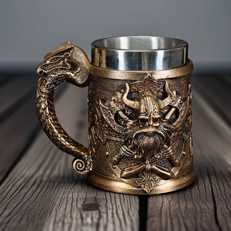 Viking Dragon Head Medieval Nordic Style 3D Resin Stainless Steel Beer Mug Home Desk Decoration Collectible Gift For Men