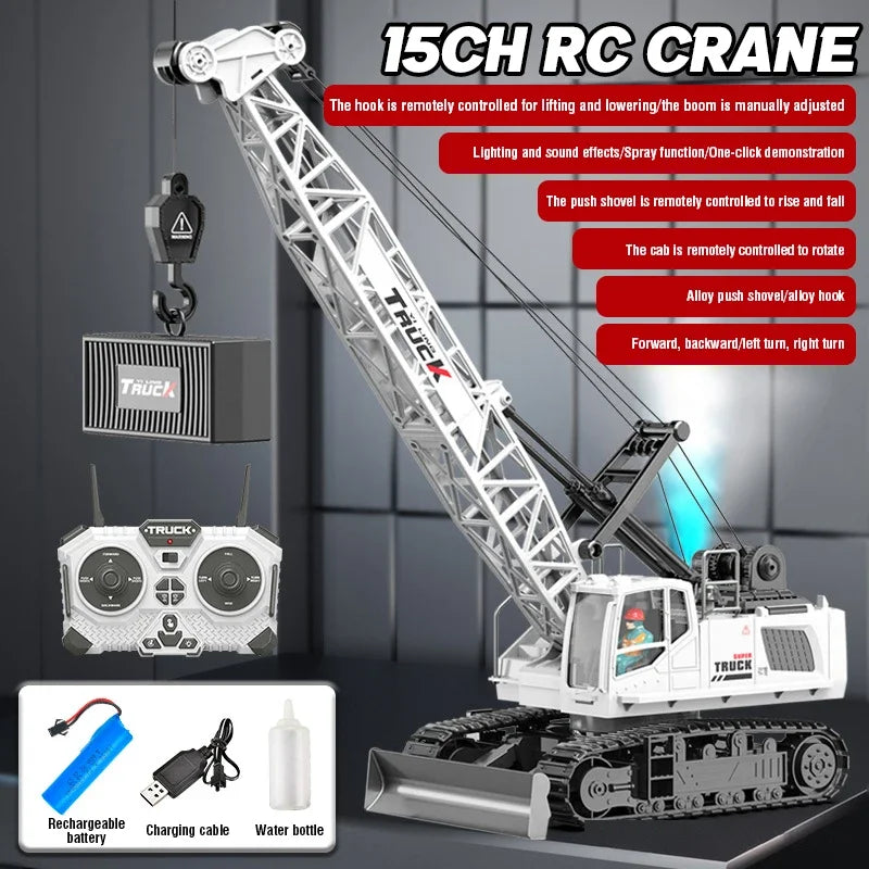 RC Crane Tractor 2.4G 15/13/11/9CH Children Electric Alloy Arm Remote Control Truck Engineering Vehicle Electric Spray Xmas Gift