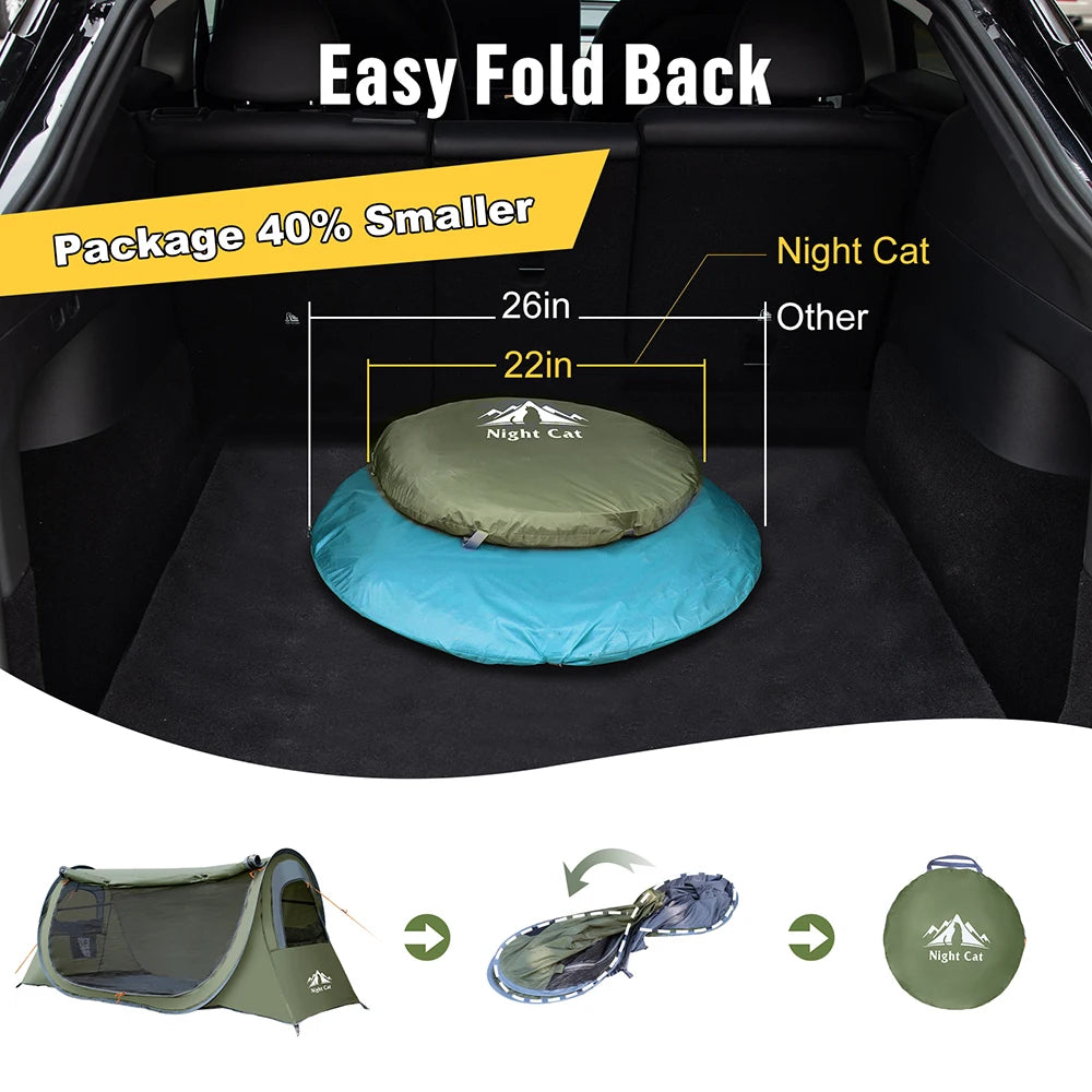 Night Cat Pop-up Camping Tent: 1 Person Tent Waterproof Instant Easy Setup Tunnel Tent Fits for Camping Cot (Excluded)
