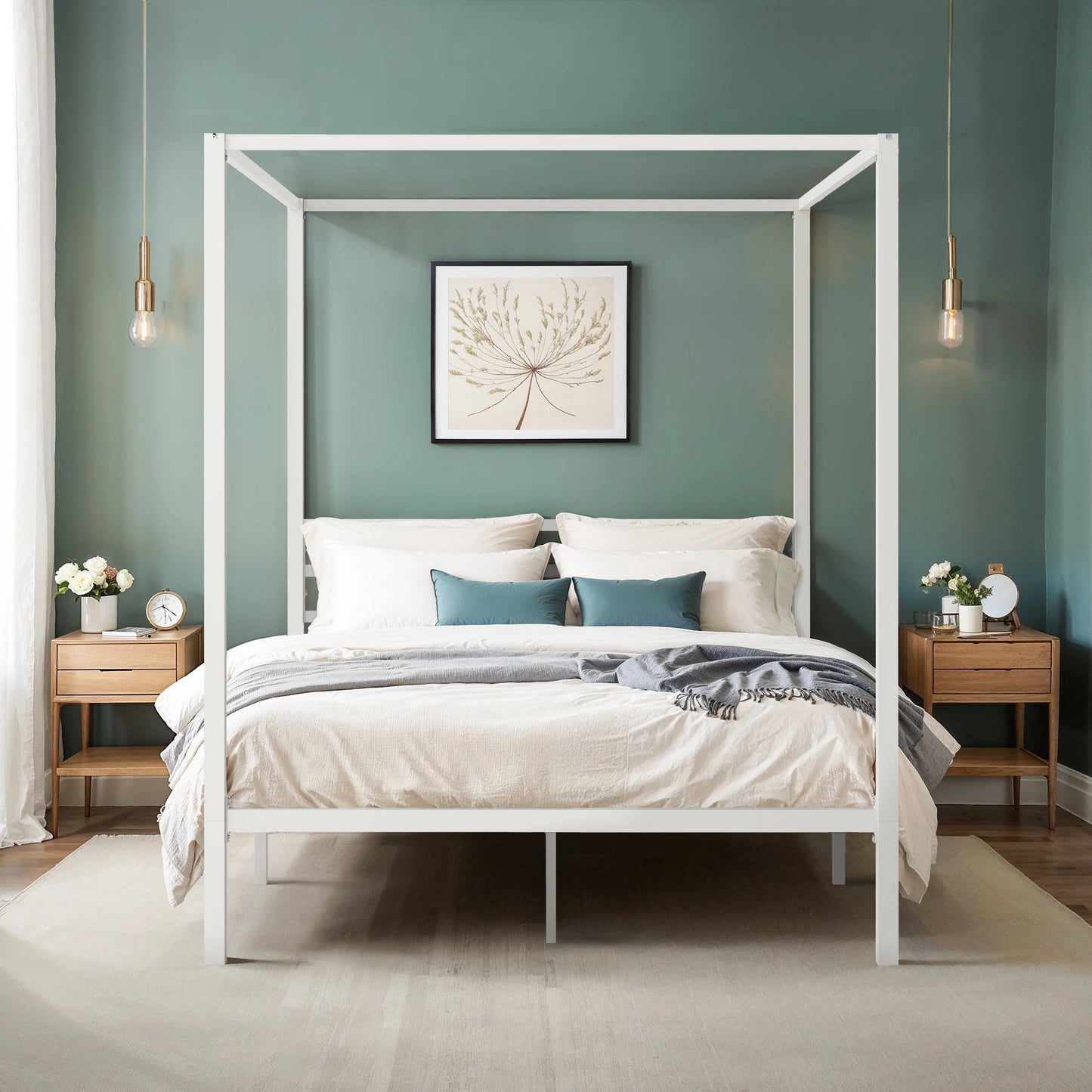 HOOMIC Canopy Bed Frame, Enhanced 4-Poster, 3-Metal Crossbar, No Box Spring Needed, Easy Assembly Allewie