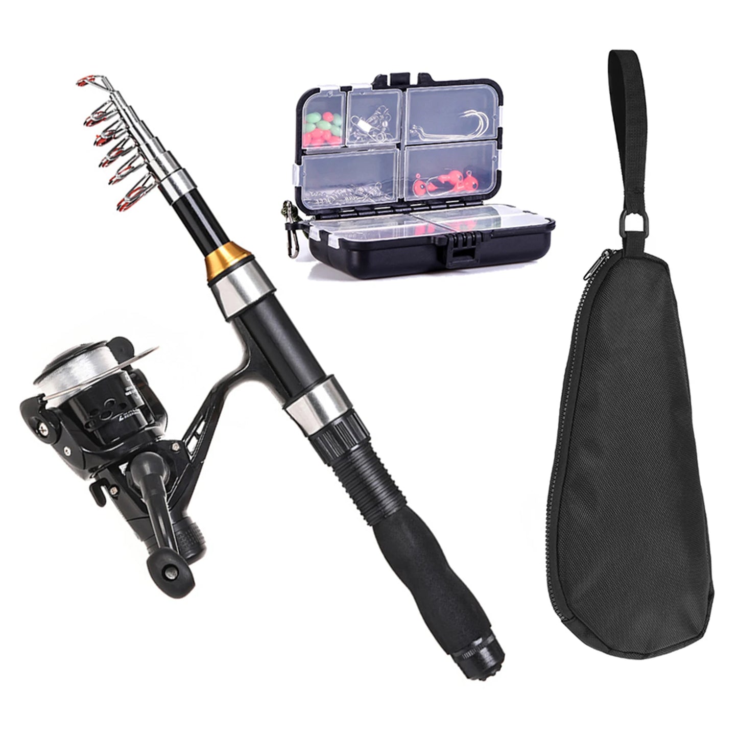 US Fishing Rod Reel Combo Full Kit 1.5m Telescopic Fishing Rod Spinning Reel Set with Hook Soft Lures Barrel Swivels Storage Bag