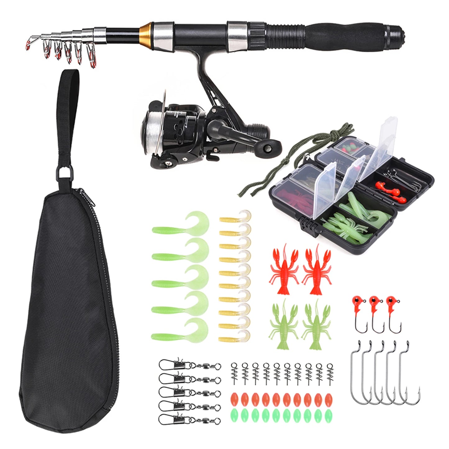 US Fishing Rod Reel Combo Full Kit 1.5m Telescopic Fishing Rod Spinning Reel Set with Hook Soft Lures Barrel Swivels Storage Bag