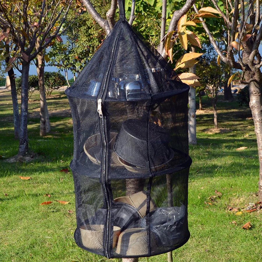 Camping Supplies Three-Layer Folding Storage Net With Zipper Dry Rack Herb Bag For Herbs Flowers Buds Plants Tableware Fruits
