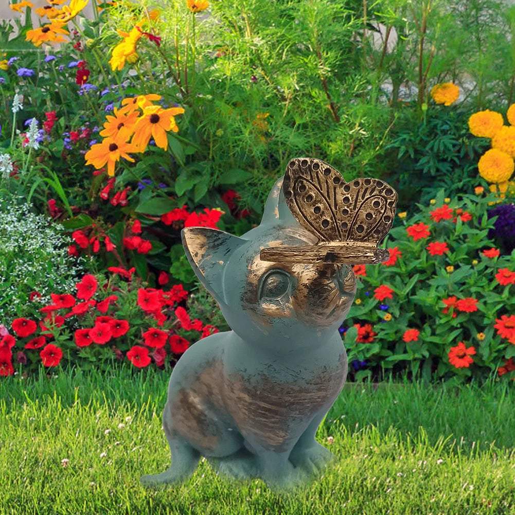 Resin Kitten Statue with Butterfly Ornament Cat Animal Sculpture Handicraft Waterproof Home Decor for Courtyard Lawn