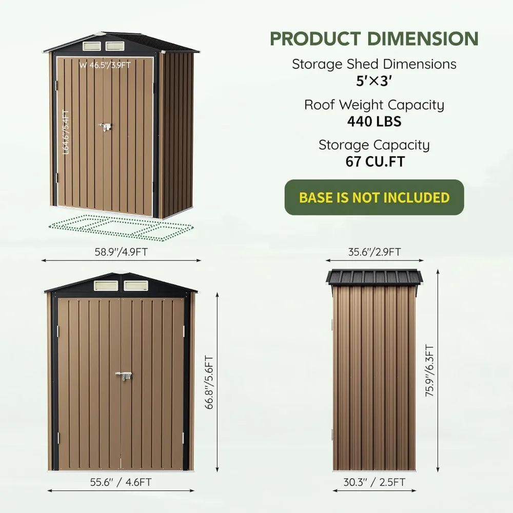 5x3 FT Outdoor Metal Storage Shed, Double Door, 1 Clear Window, Tool Shed for Garden, Patio, Backyard Brown, Customized