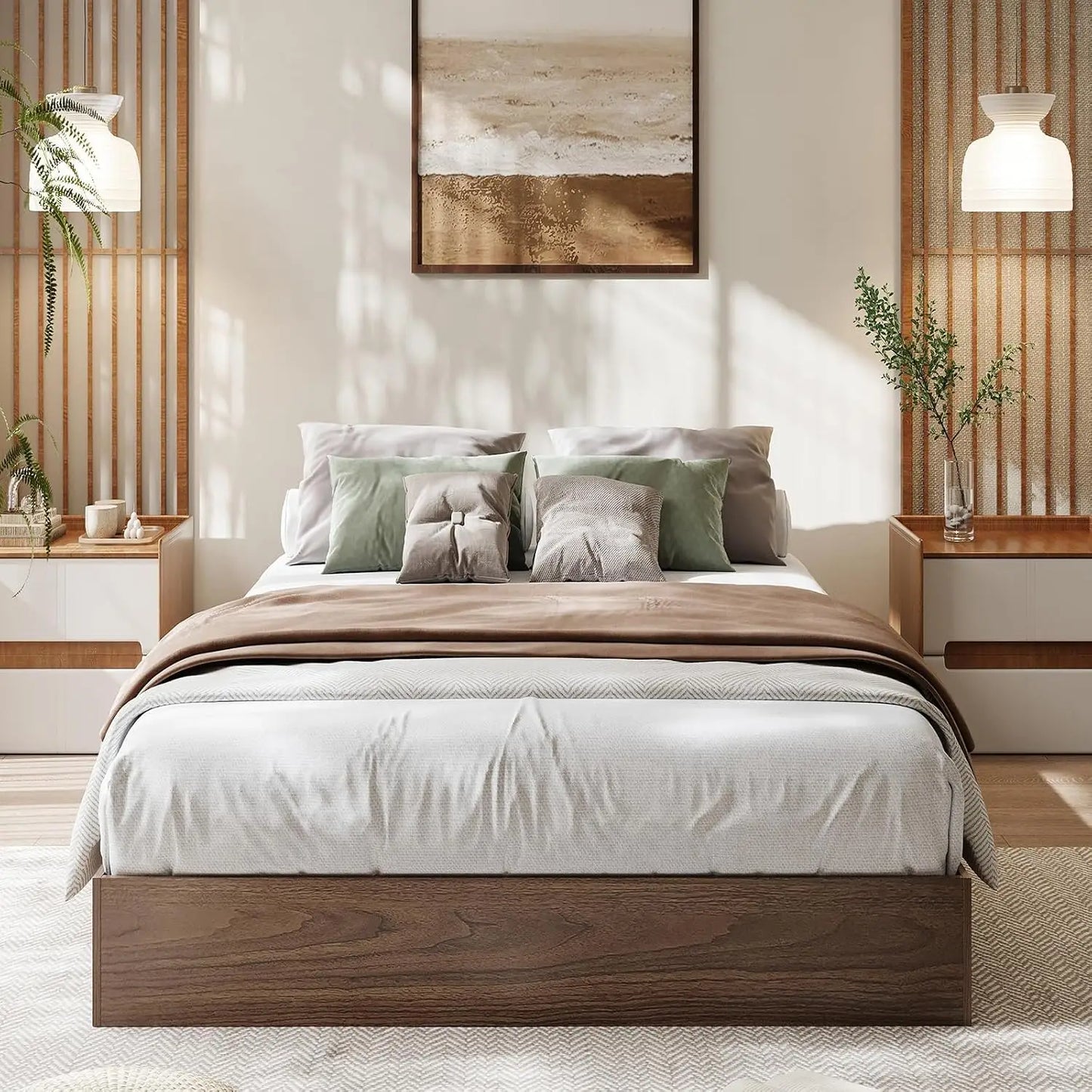 Garvee Living Room Bed Frame Easy Sturdy Assembly Bedroom Frames with Low Profile Design Eco-Friendly Bed Wood Slats Support Home Furniture Without Headboard