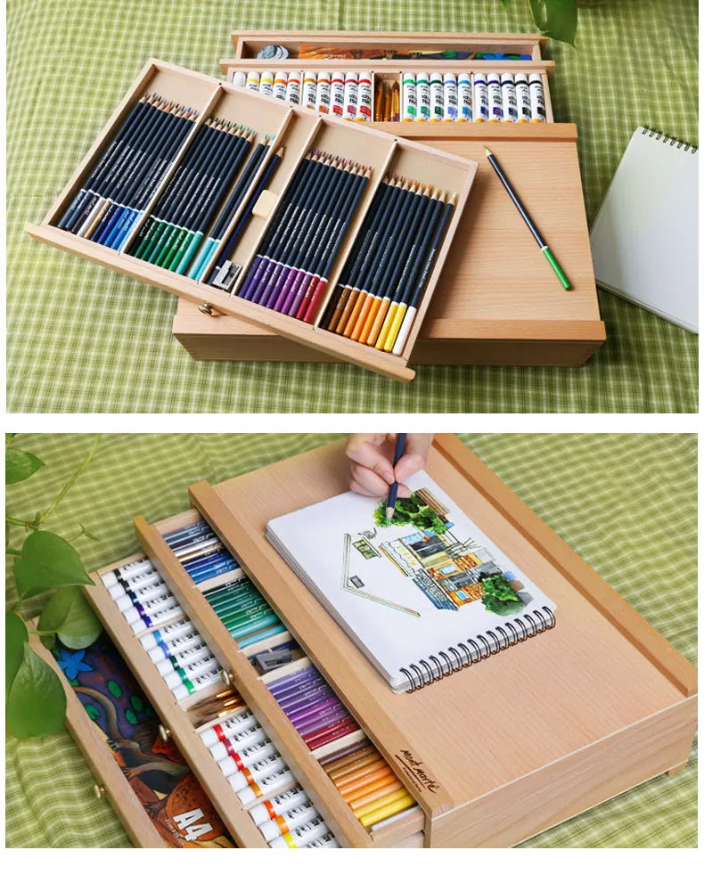 40.9x25.9cm Desktop Easel Wooden Storage Painting Box 3-layer Drawer Portable Oil Painting Box Sketch Pencil Tool Box