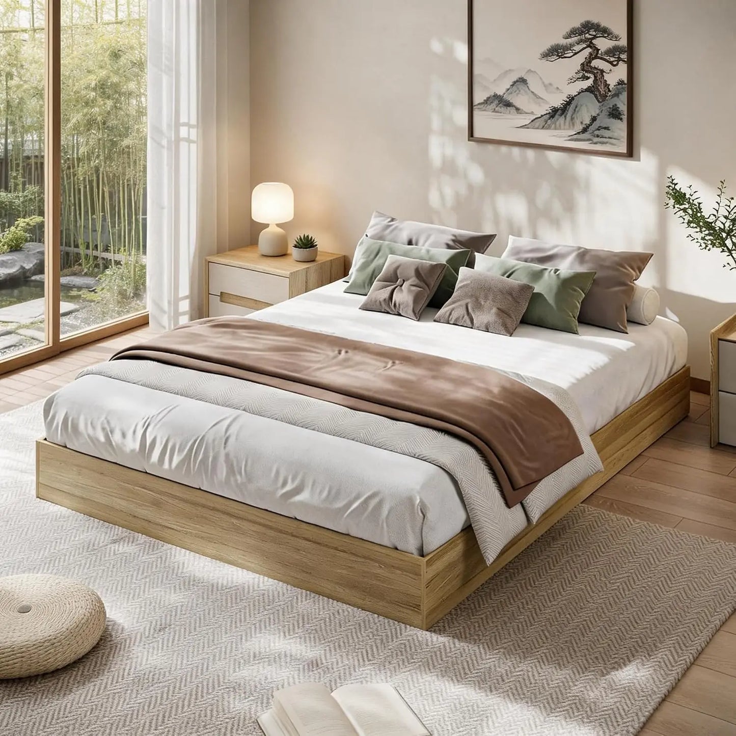 Garvee Living Room Bed Frame Easy Sturdy Assembly Bedroom Frames with Low Profile Design Eco-Friendly Bed Wood Slats Support Home Furniture Without Headboard