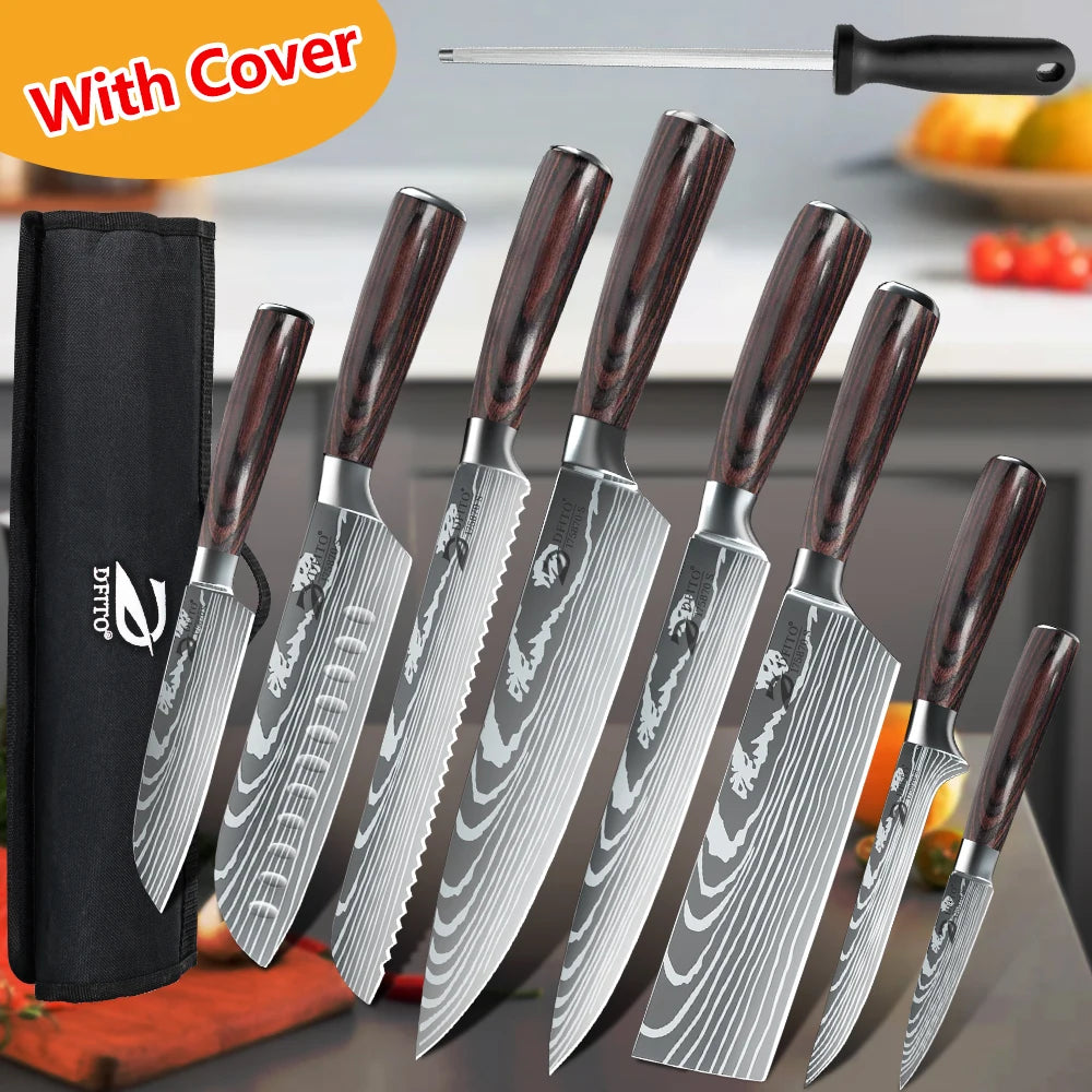 KEPEAK Kitchen Knife Set 7Cr17Mov Stainless Steel Chef Knife Ultra Sharp Santoku Cleaver Utility Knife Cooking Knives Nylon Bag