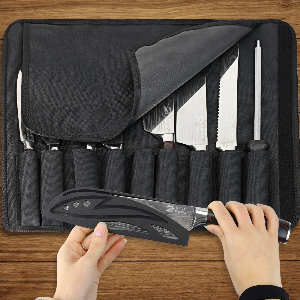 KEPEAK Kitchen Knife Set 7Cr17Mov Stainless Steel Chef Knife Ultra Sharp Santoku Cleaver Utility Knife Cooking Knives Nylon Bag