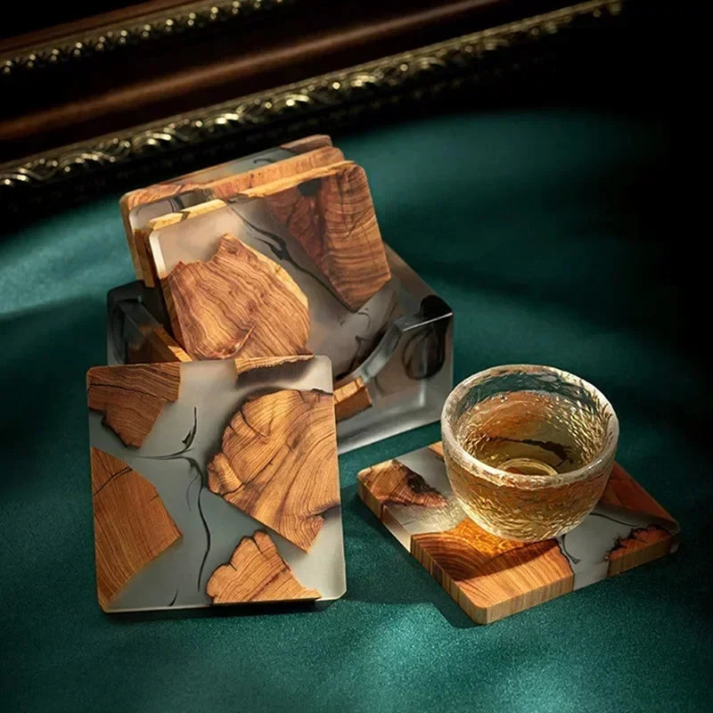 Wood Coasters Set With Epoxy Resin - Modern Coasters With Holder For Drinks, Includes 6 Coasters And Holder