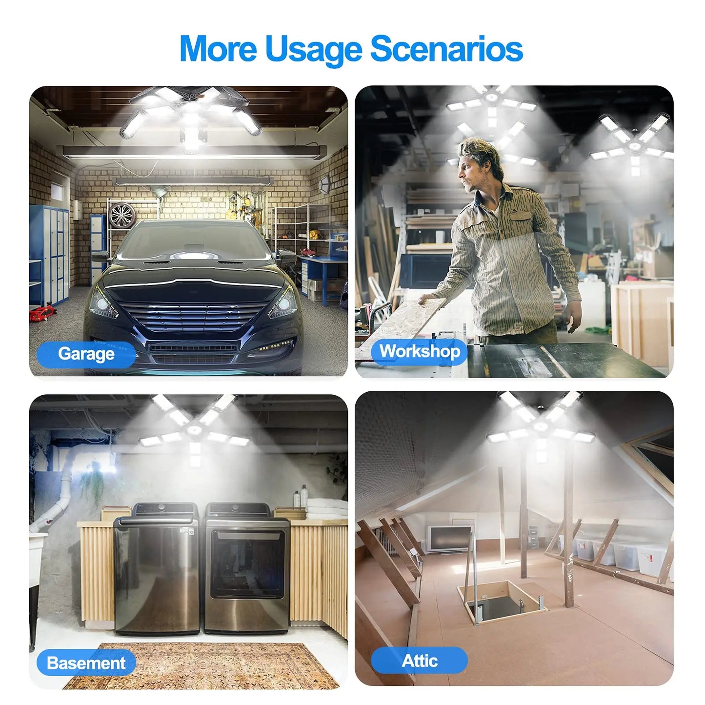 LED Garage Lights with 7/10+1 Adjustable Panels E26/E27 Ceiling Shop Work Lamp 150W 6500K Bulb for Workshop Industrial Lighting