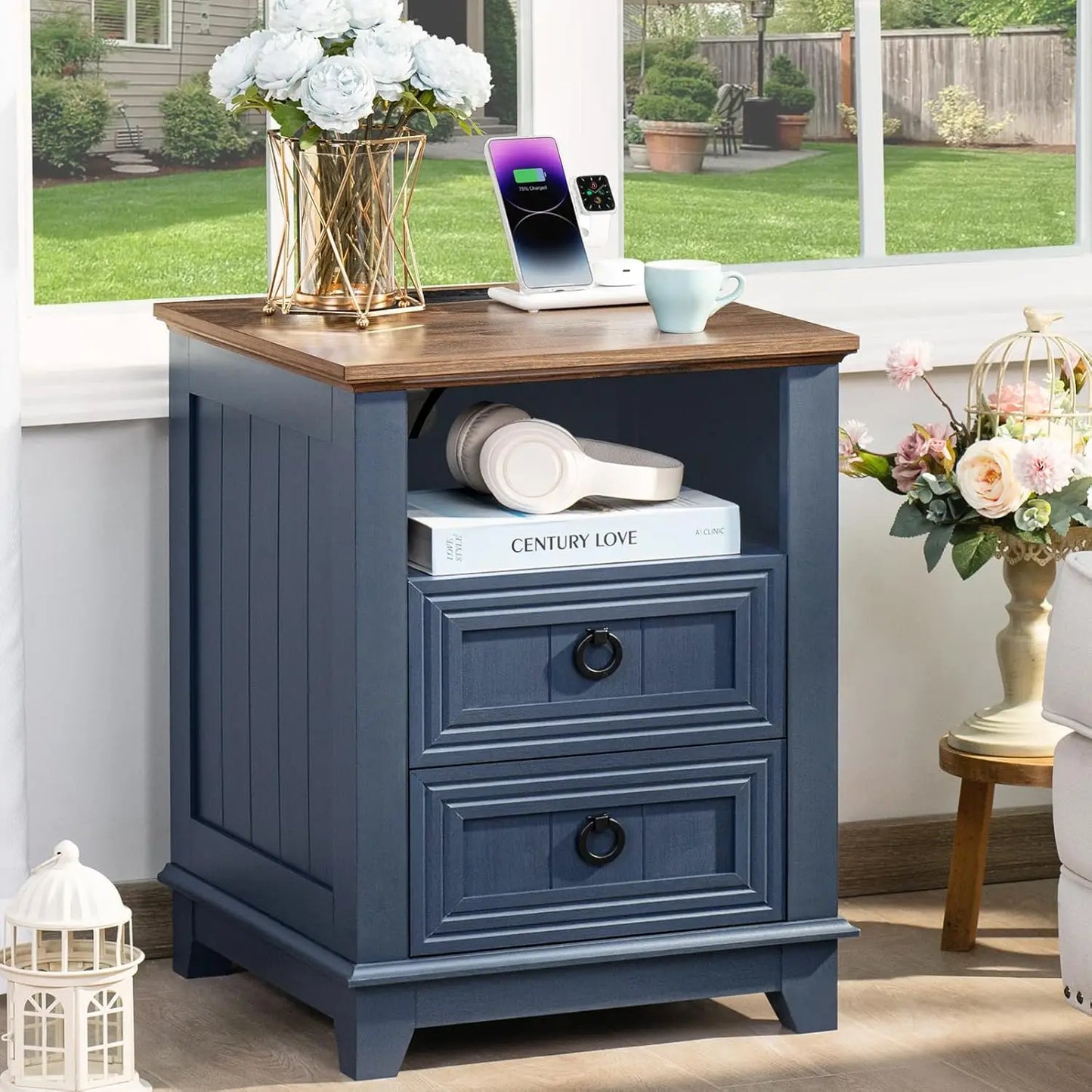 18" Farmhouse Night Stands Set of 2 with Charging Station, 2 Drawers End Table Dresser for Bedroom, Blue Wooden, Customized