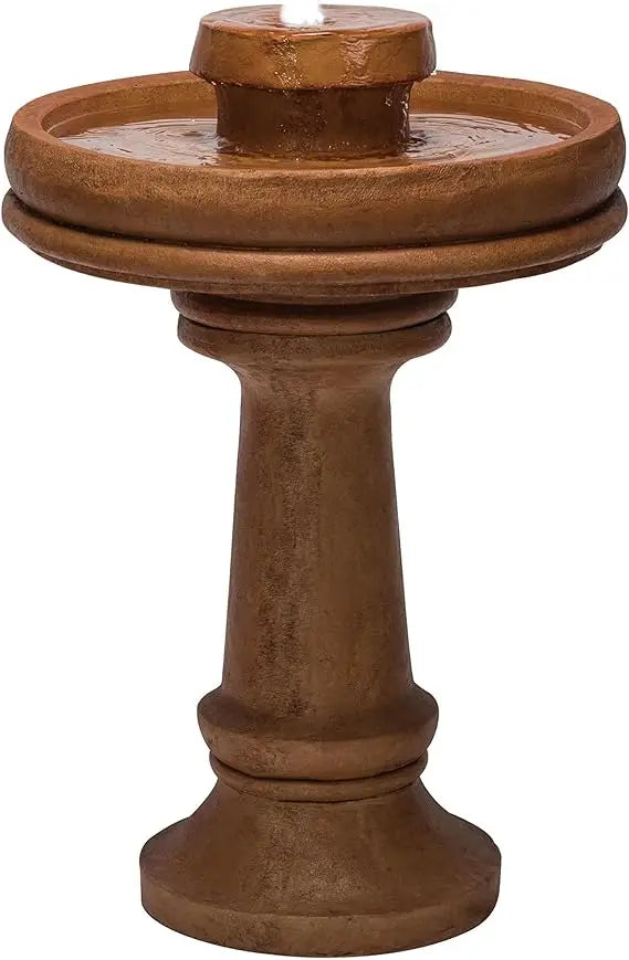Outdoor Floor Vintage Pedestal Water Fountain with Bird Bath and LED Lights, 29, Brown