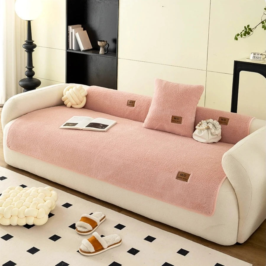 Solid Sherpa Anti-Slip Sofa Cover with PU label Decor for Living Room Coush Seat Cover, Universal Sofa Slipcover Furniture Towel