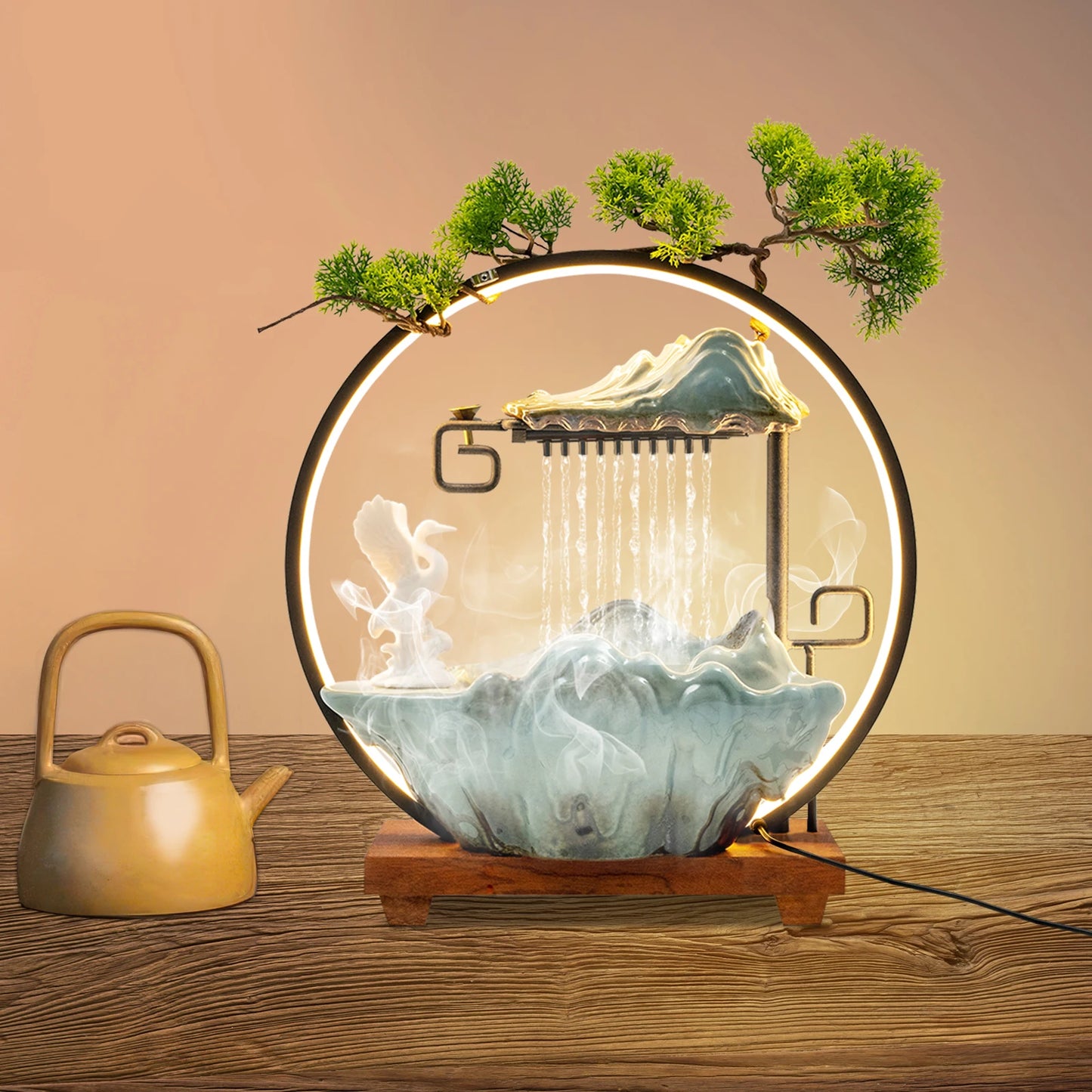 Black Manual Tabletop Water Fountain,Indoor Ceramic Waterfall with LED Light Mist Desk Fountain for Decorative Item