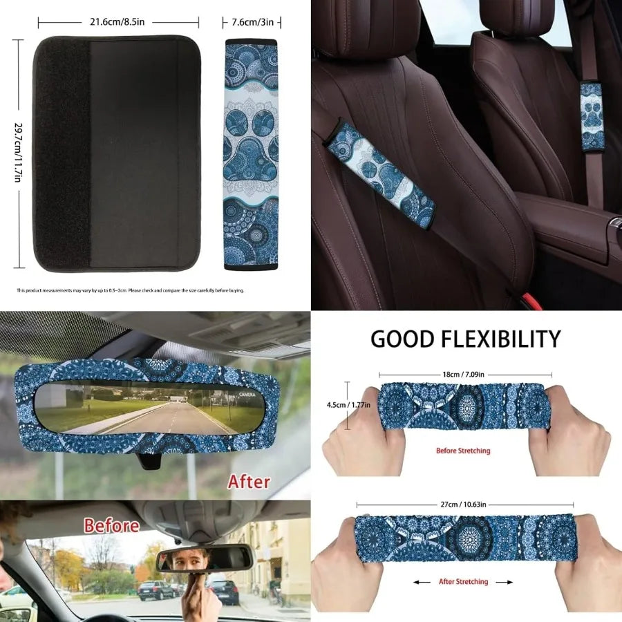 Boho Mandala Dog Paw Print 13Piece Car Accessories Set with Universal Fit Includes 4 Car Seat Covers 1 Steering Wheel Cover 1 T