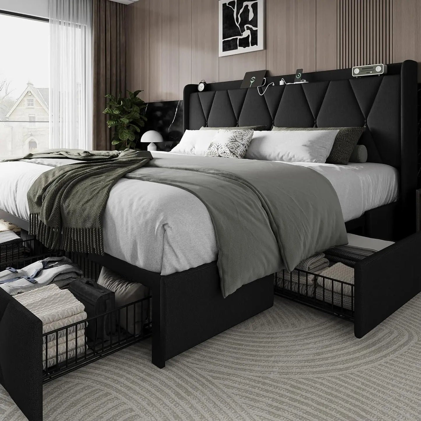 Bed Frame with 4 Storage Drawers and Charging Station Upholstered Platform Bed Frame with Storage Headboard No Box Spring Needed
