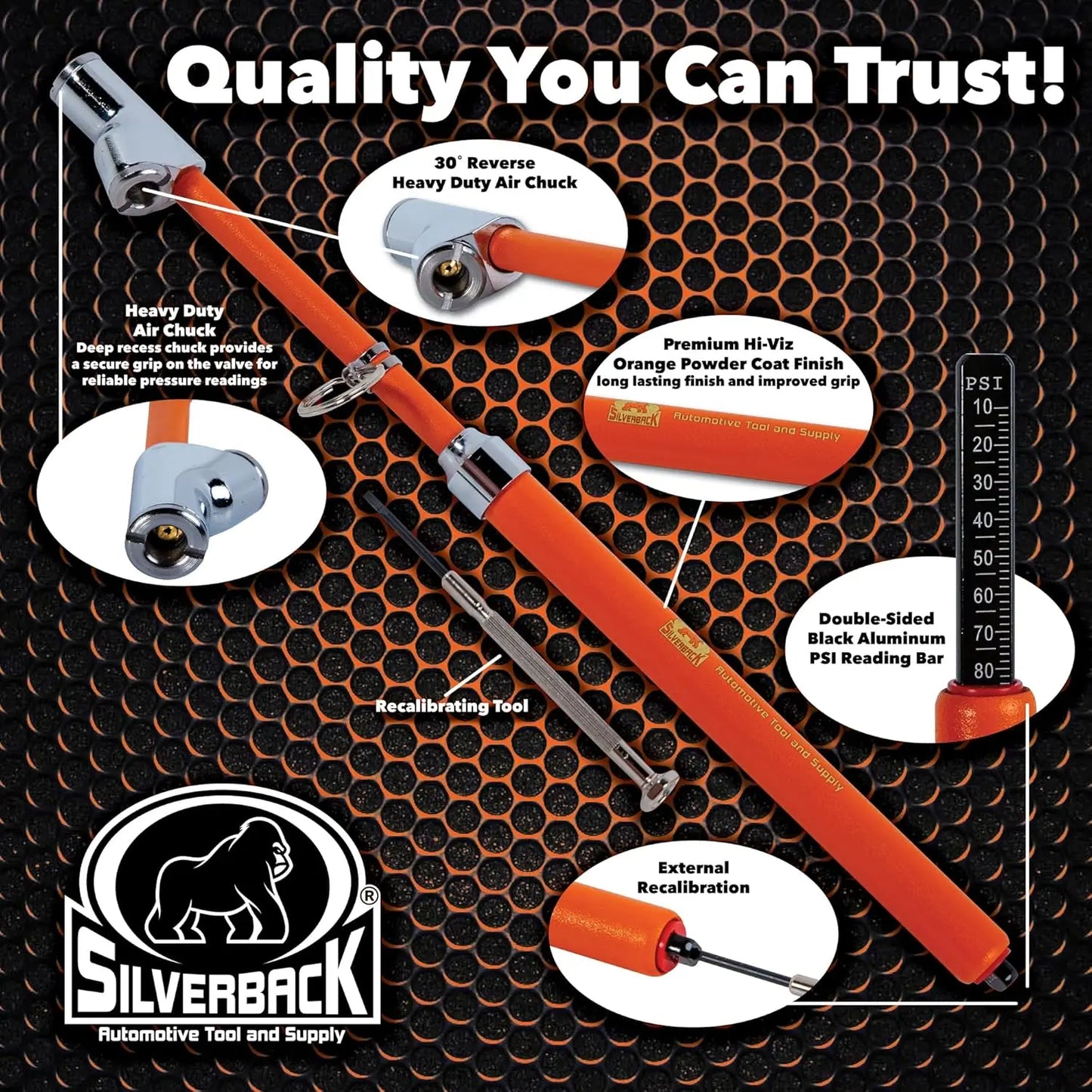 Silverback Hi-Visibility Orange Dual Foot Truck Tire Pressure Gauge, 10-150 PSI, Recalibratable, Heavy Duty Metal Bar
