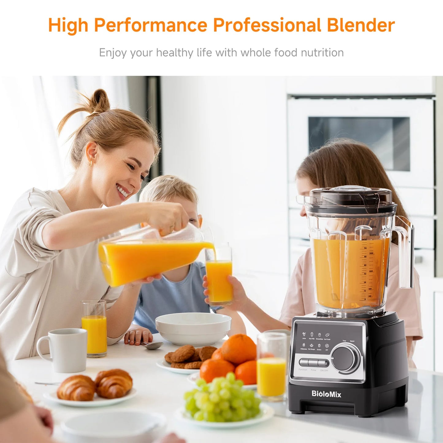 BioloMix 1500W Professional Blender With 2.6L BPA Free Jar With 6 Blades, 7 Preset Program for Smoothies, Shakes, Nut Milk