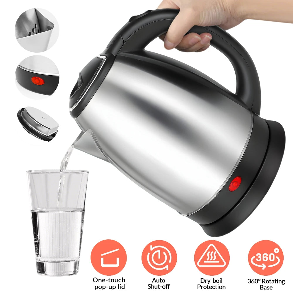 2L Stainless Steel Electric Kettle Fast Boil Water Heater Auto Shut Off Dry Boil Protection 360° Rotating Base BPA Free Household Water Boiler for Home Kitchen