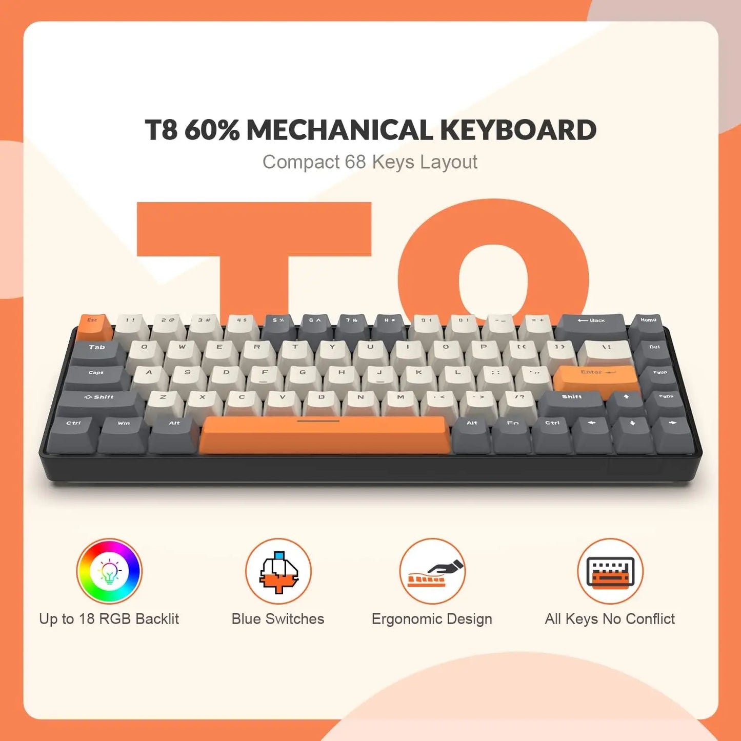 T8 Wired 65% Mechanical Gaming Keyboard with RGB Backlit Anti-ghosting TKL Mini 68 Key, Custom Coiled C to A Cable, Blue Switch