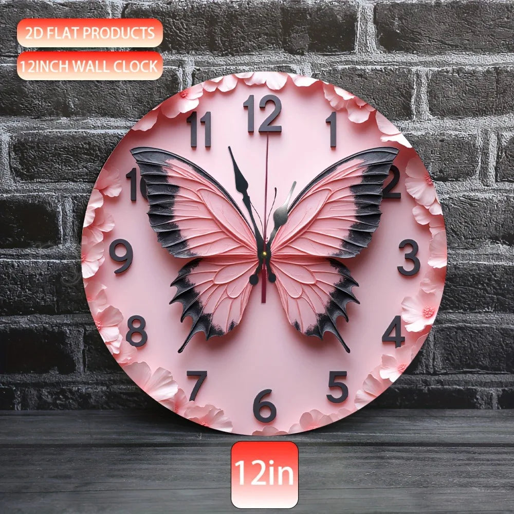 One Piece of a 9.84-Inch Wooden 2D Flat Pink Butterfly Wall Clock Featuring Black Hands And Large, Easy-To-Read Numbers. It Boas