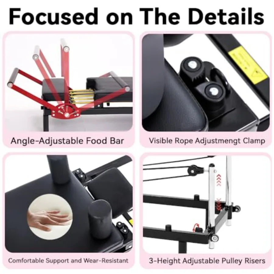 Home Gym Pilates Reformer Machine, Steel Frame, Black, Quick-Assembly Foldable Design with Up to 330lbs Capacity and Adjustable