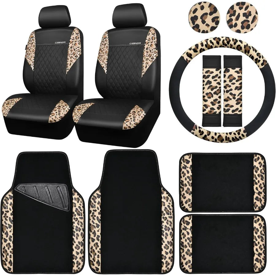 Leopard Print Faux Leather Car Seat Covers Car Mats Steering Wheel Cover and Seat Belt Pad Set with Universal Fit for SUVs Vans