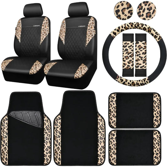 Leopard Print Faux Leather Car Seat Covers Car Mats Steering Wheel Cover and Seat Belt Pad Set with Universal Fit for SUVs Vans
