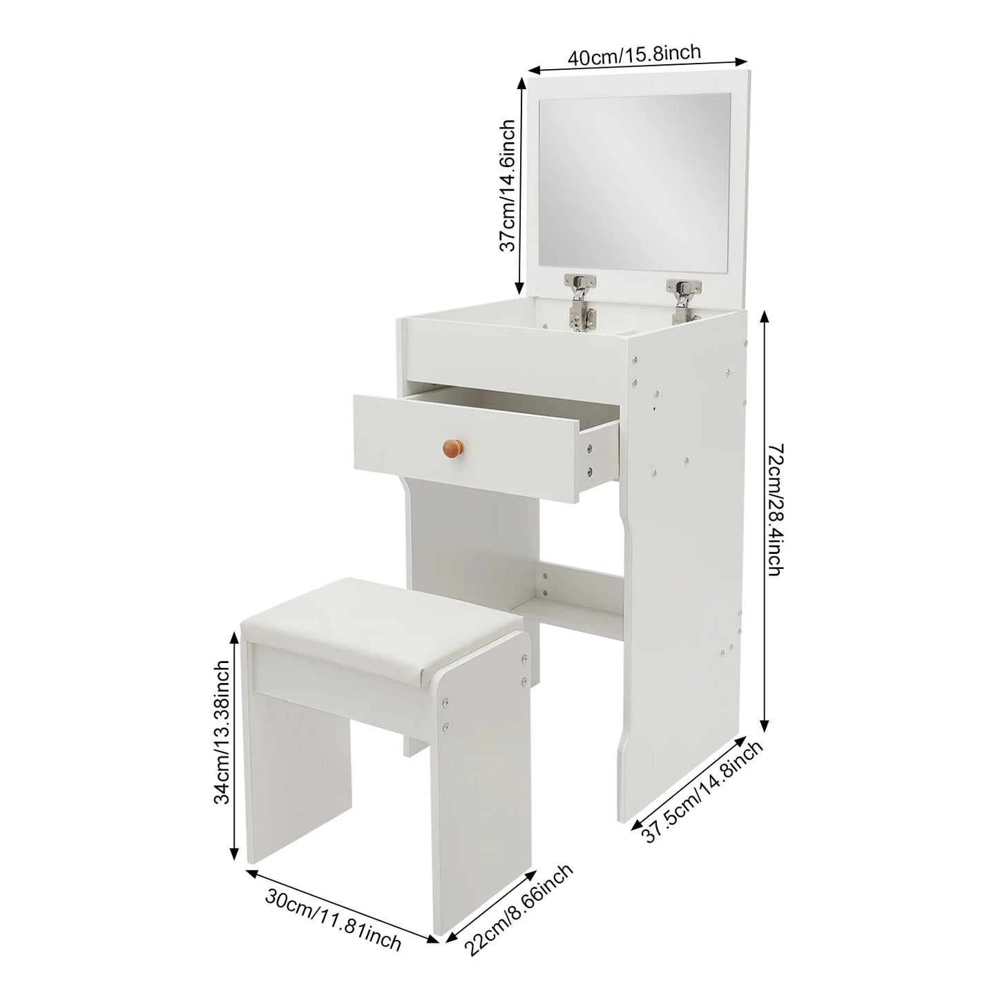 Vanity Dressing Table with Mirror and Stool 15.8" White Compact Storage Desk for Bedroom Dormitory Studio Apartment