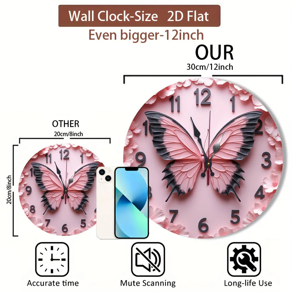 One Piece of a 9.84-Inch Wooden 2D Flat Pink Butterfly Wall Clock Featuring Black Hands And Large, Easy-To-Read Numbers. It Boas