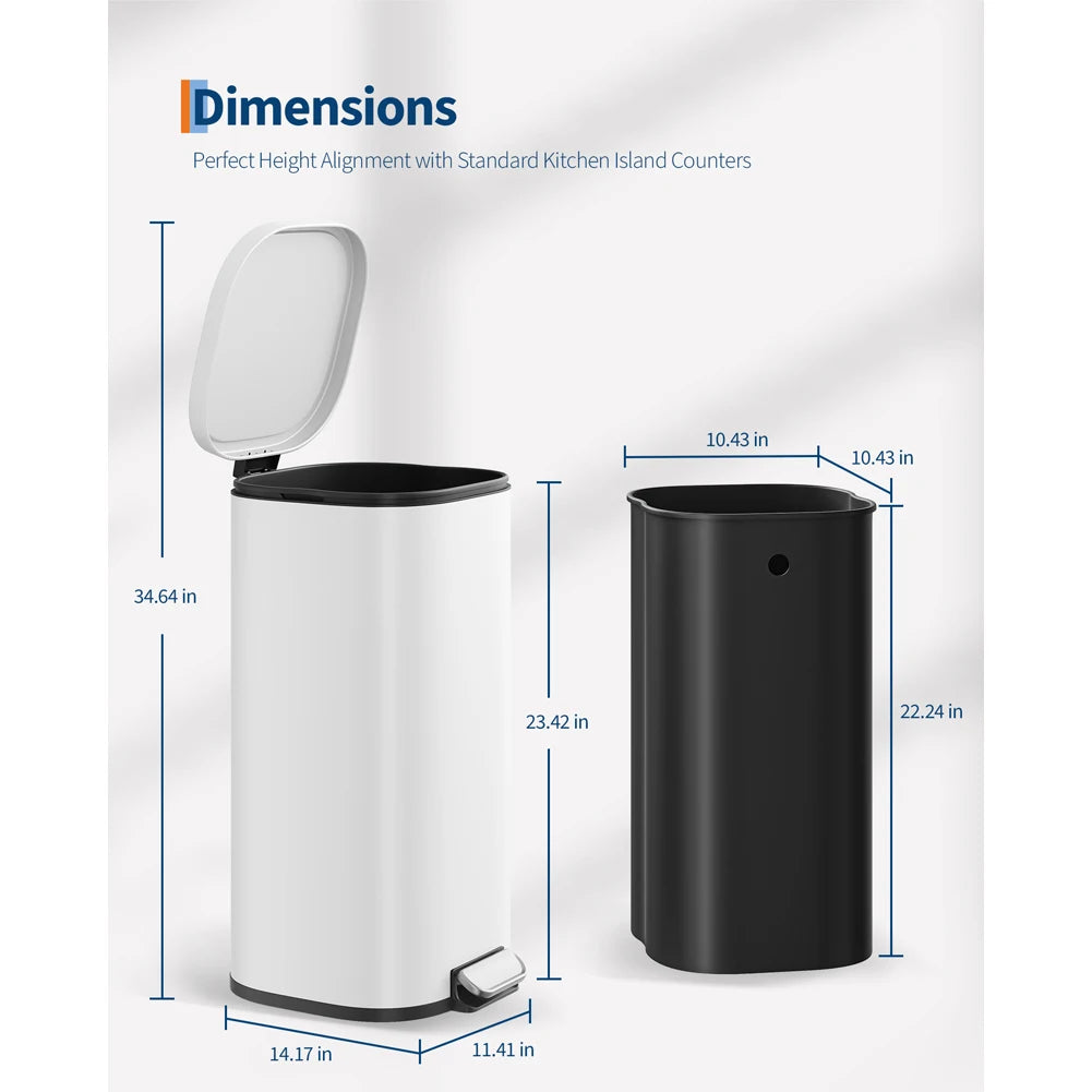 30L 8 Gal Stainless Steel Kitchen Trash Can with Quiet Close Lid, Black | Stainless Steel, Rectangular, Quiet Close Lid, Hands-Free, Step on, Durable, Waterproof, medium size