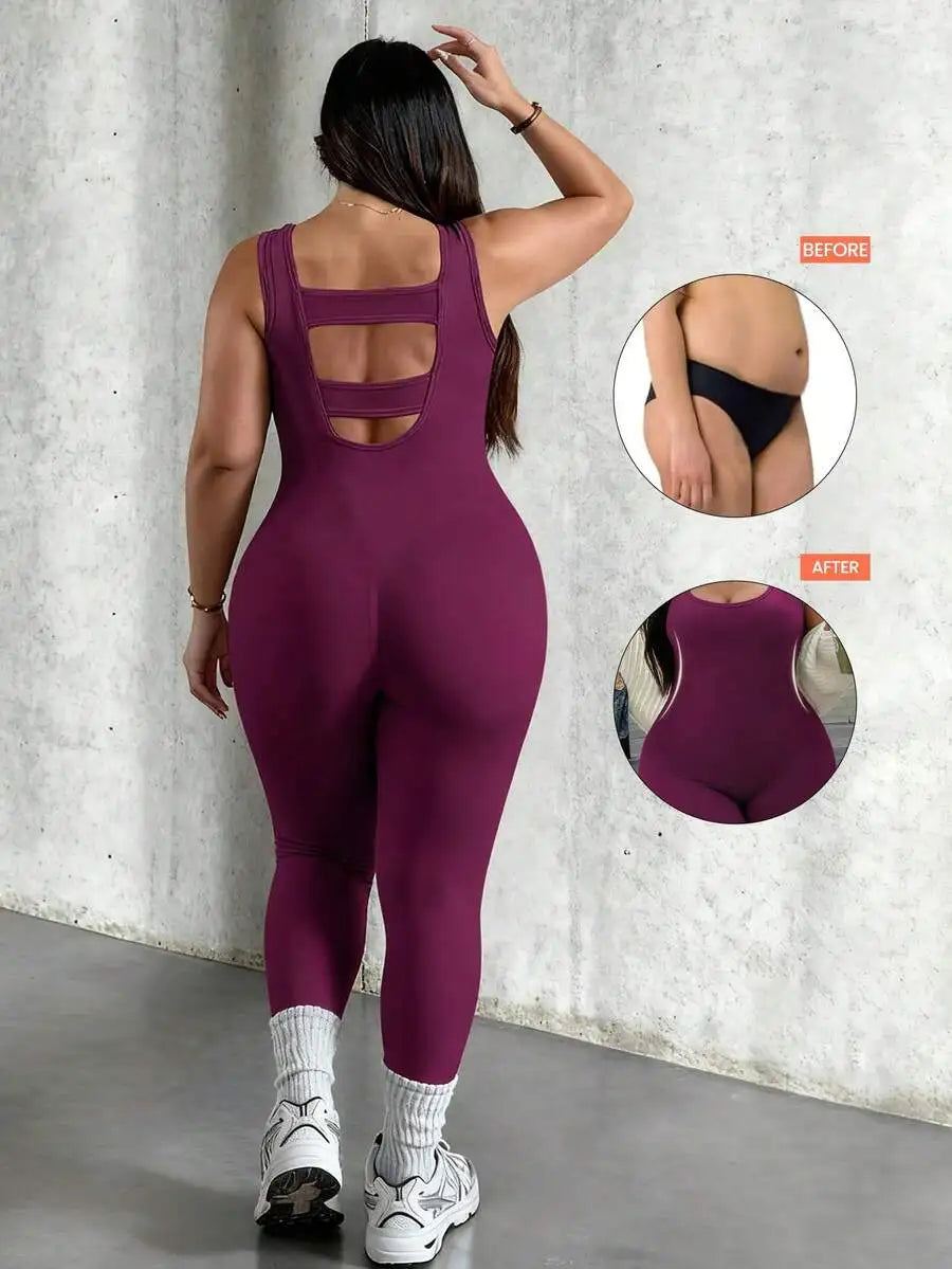 Rhythm Era 1pc Plus Size Black Backless Jumpsuit, Comfortable Stretchy Seamless Knit Yoga & Fitness Activewear