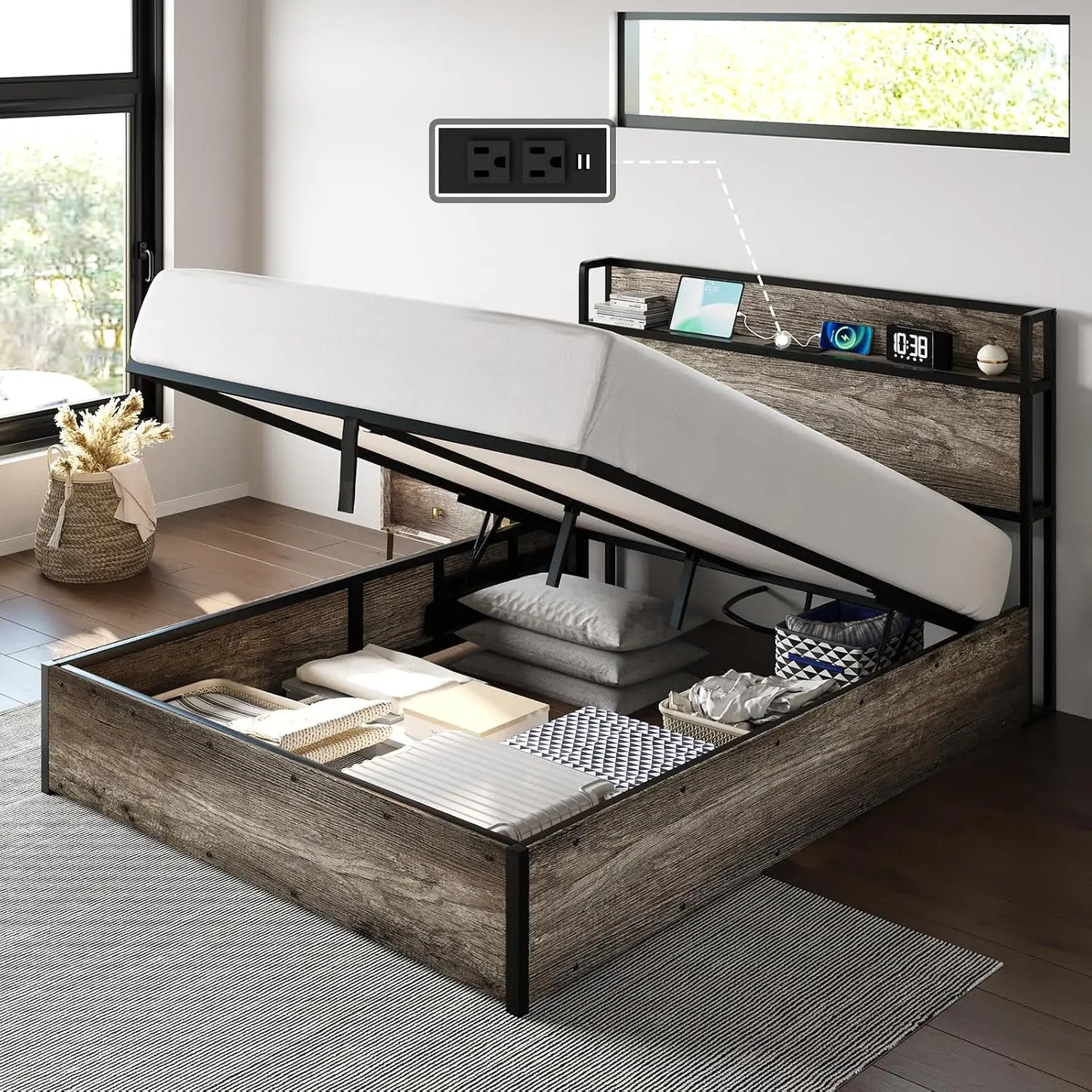 Full Size Lift Up Storage Bed Frame with Charging Station, Custom