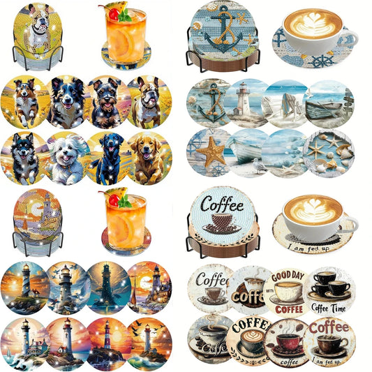8 pieces/set of dog, beach, lighthouse pattern diamond painted coaster set, sparkling rhinestone heat-resistant beverage mat wit