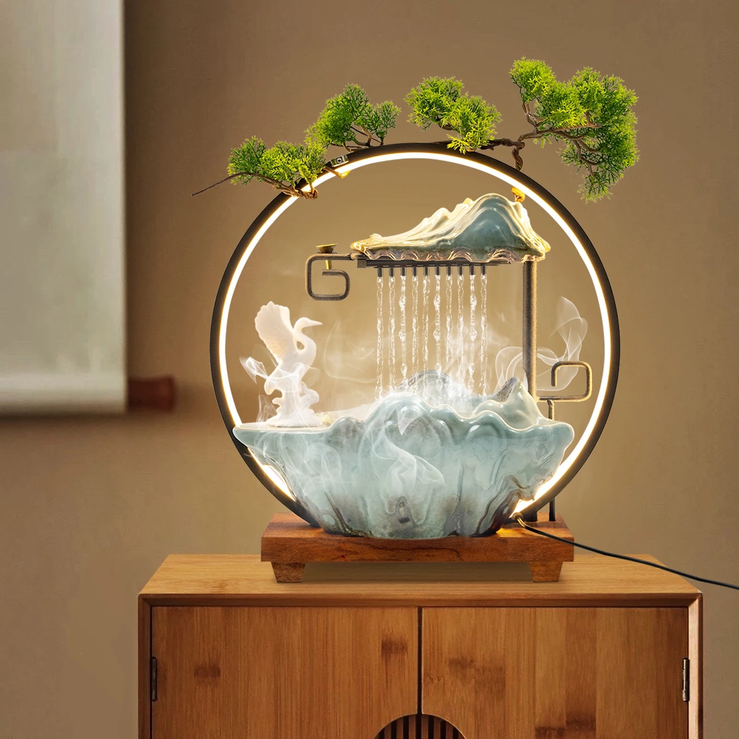 Black Manual Tabletop Water Fountain,Indoor Ceramic Waterfall with LED Light Mist Desk Fountain for Decorative Item