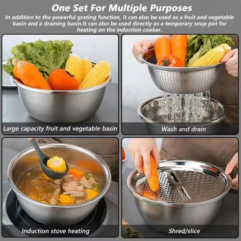 Vegetable Slicer Set 3PCS/1Set Stainless Steel Potato Cutter with Washing Basin Drain Basket Multifunctional Vegetable Chopper