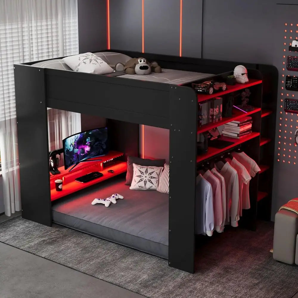 ull Size Gamer Lot Bed with Height-Adjustable Desk,Wardrobe,Ample Storage Space,and RGB Light, Wooden Bunk Bed or Gaming Setup (