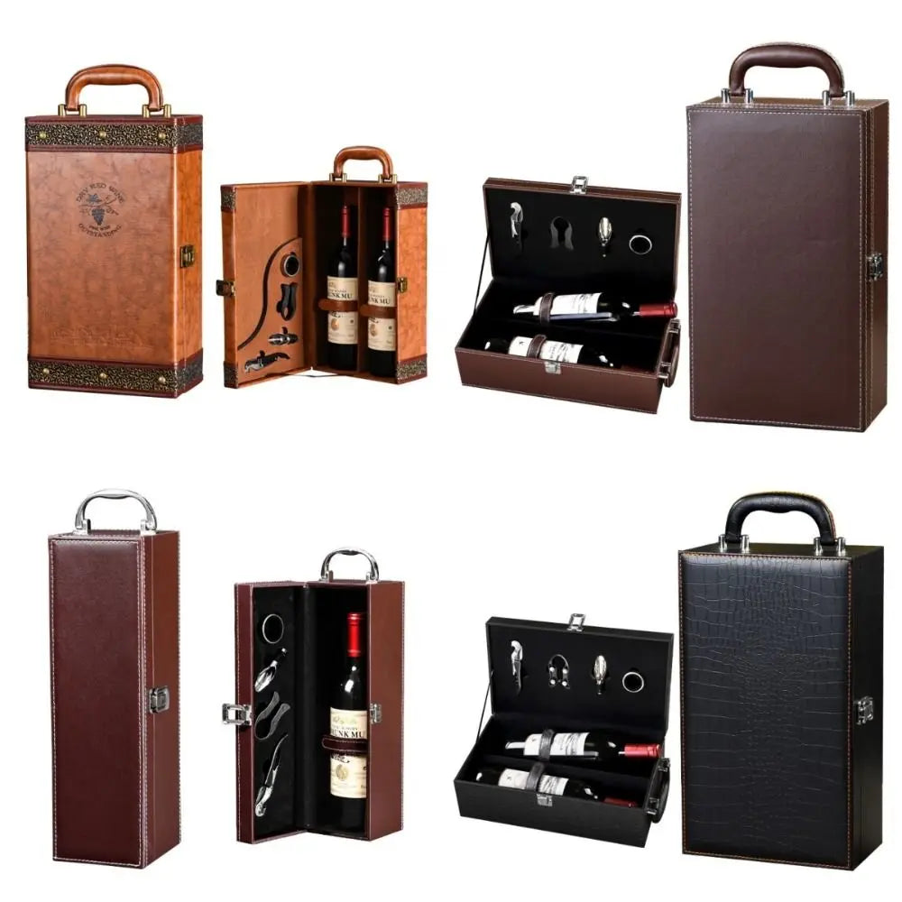 New PU Leather Wine Gift Box with Tools with Handle Portable Carrier Tote with 4 Accessories Set Red Wine Storage Box Gifts