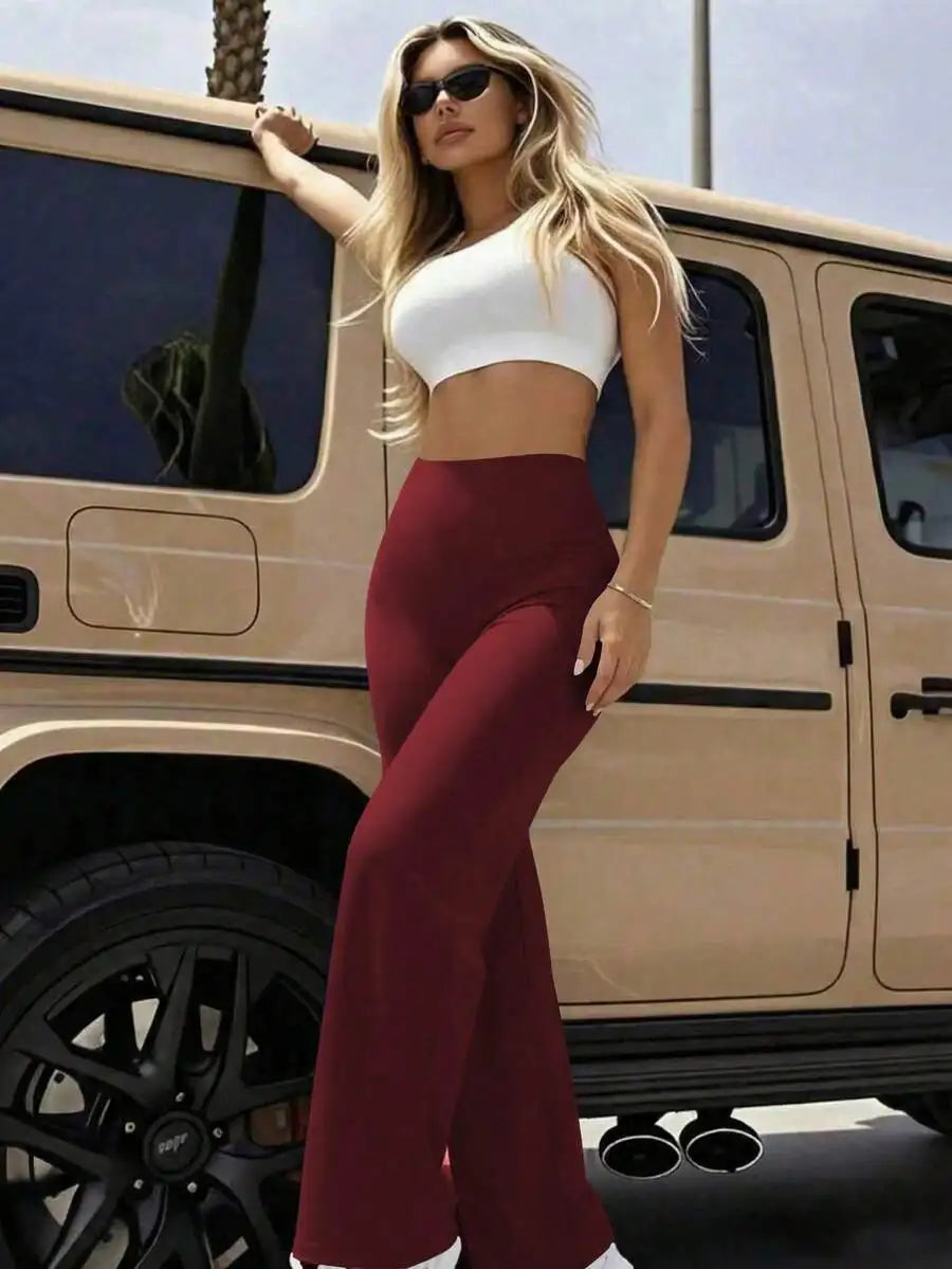 Women's High Waist Wide Leg Pants For Outdoor Exercise, Comfortable Sports Casual Leggings, High Elastic Flare Pants For Commuti