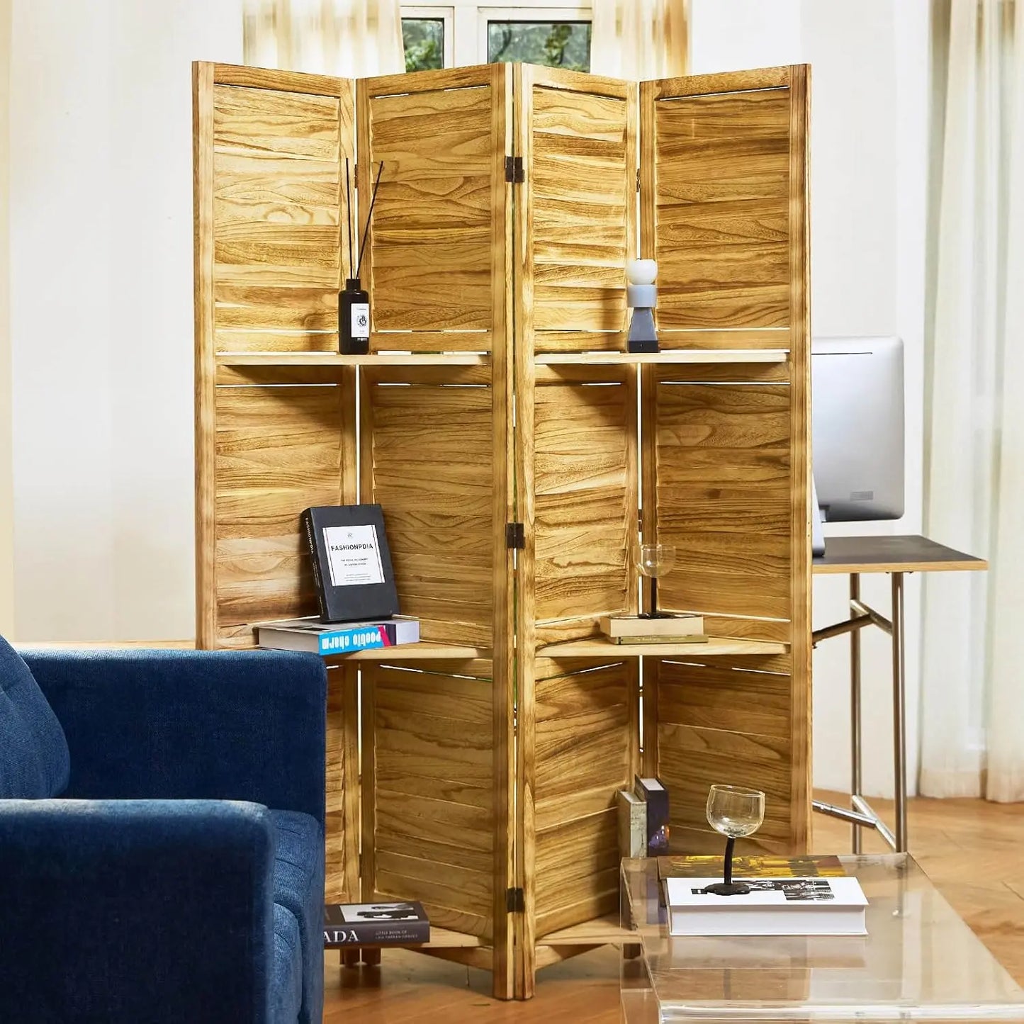 Partition Room Dividers, 67 * 51inch Folding Wood Privacy Screen with Three Display Shelves Suitable for Home, Customized