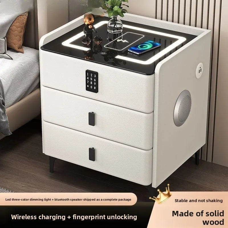 Smart Multifunctional Bedside Table with Wireless ChargerTouch Control 3-Color LEDLightModern Nightstand with Solid Wood