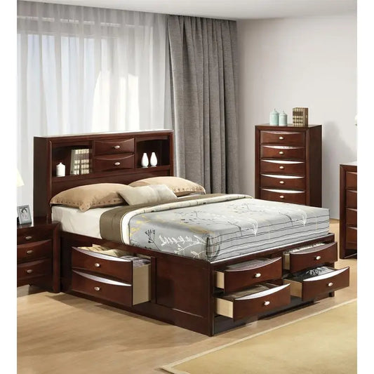 Contemporary King Size Bed with Footboard Drawers & Headboard Bookcase in Cherry Finish - 1pc Bedroom Furniture Set